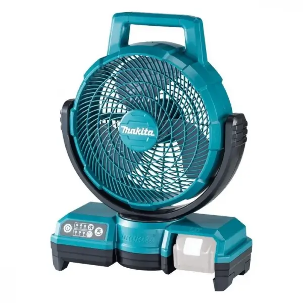 DCF203Z-MAKITA-235-mm-9-1-418V-14.4V-Cordless-Fan Teal and black DCF203Z MAKITA 235 mm (9-1/4")18V/ 14.4V Cordless Fan featuring portable base stand and protective grille design