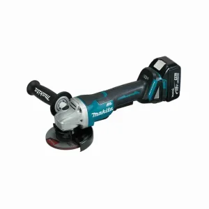 DGA414Z MAKITA 100 mm (4") 18V Cordless Angle Grinder with teal and black body, rechargeable battery pack, side handle, and protective guard