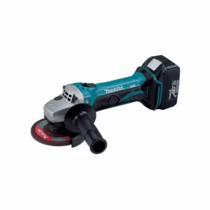 DGA452RME/ RFE/ Z MAKITA 115 mm (4-1a/2") 18V Cordless Angle Grinder with teal body, 18V battery system, side handle, and protective guard