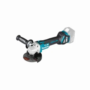 DGA458RFE/ Z MAKITA 115mm (4-1/2") 18V Cordless Angle Grinder with teal body, transparent battery indicator, rear grip handle, and black protective guard
