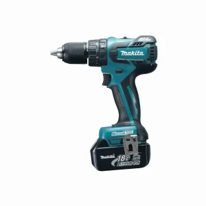 DHP459RME/ RFE/ Z MAKITA 13mm (1/2") 18V Cordless Hammer Driver Drill featuring teal motor housing, 18V battery pack, and comfortable grip handle