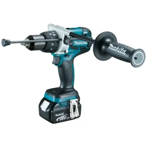 DHP481RTE/ RME/ RFE/ Z MAKITA 13 mm (1/2") 18V Cordless Hammer Driver Drill featuring teal motor housing, 18V battery pack, and comfortable grip handle.