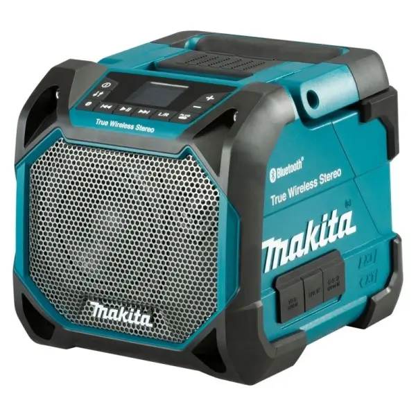 DMR203-MAKITA-18V-12Vmax-Cordless-Job-Site-Speaker DMR203 MAKITA 18V/ 12Vmax Cordless Job Site Speaker in teal and black with mesh grille and control panel