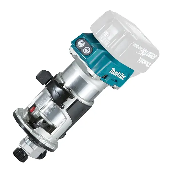 DRT50Z-ZJX9-MAKITA-6-mm-1-8-mm-3-8-18V-Cordless-Trimmer DRT50Z / ZJX9 MAKITA 6 mm (1/4"), 8 mm (3/8") 18V Cordless Trimmer with clear base plate in teal and black finish