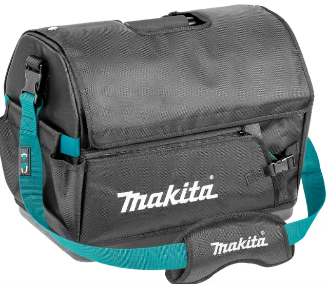 E-15419-MAKITA-ULTIMATE-COVERED-TOOL-TOTE E-15419 Makita ultimate covered tool tote in gray fabric with zippered top, teal shoulder strap and side pockets