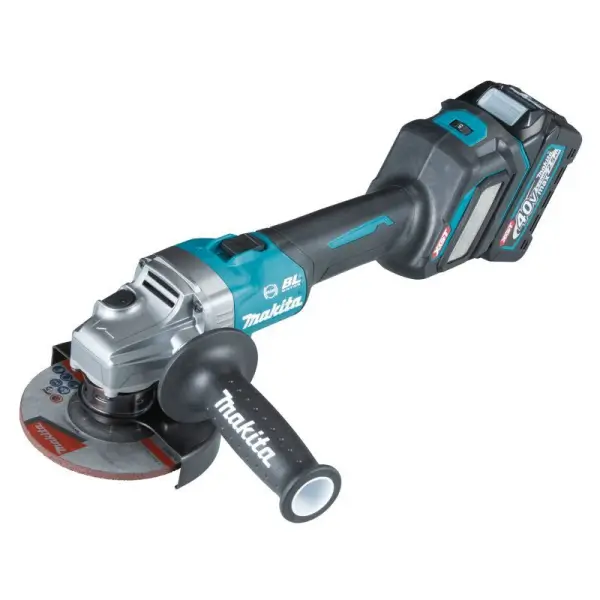 GA027GM201-D201-Z-MAKITA-100-mm-4-40Vmax-Cordless-Angle-Grinder GA027GM201/ D201/ Z MAKITA 100 mm (4") 40Vmax Cordless Angle Grinder with teal and grey housing, 40Vmax battery system, side handle, and protective guard