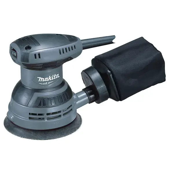 M9204G-MAKITA-125mm-5-Random-Orbit-Sander M9204G MAKITA 125mm (5") Random Orbit Sander with grey body, dust collection bag, circular base, ventilation system, and power cord