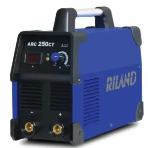 Blue portable RILAND RLARC250CT welding machine featuring digital display and black control panel