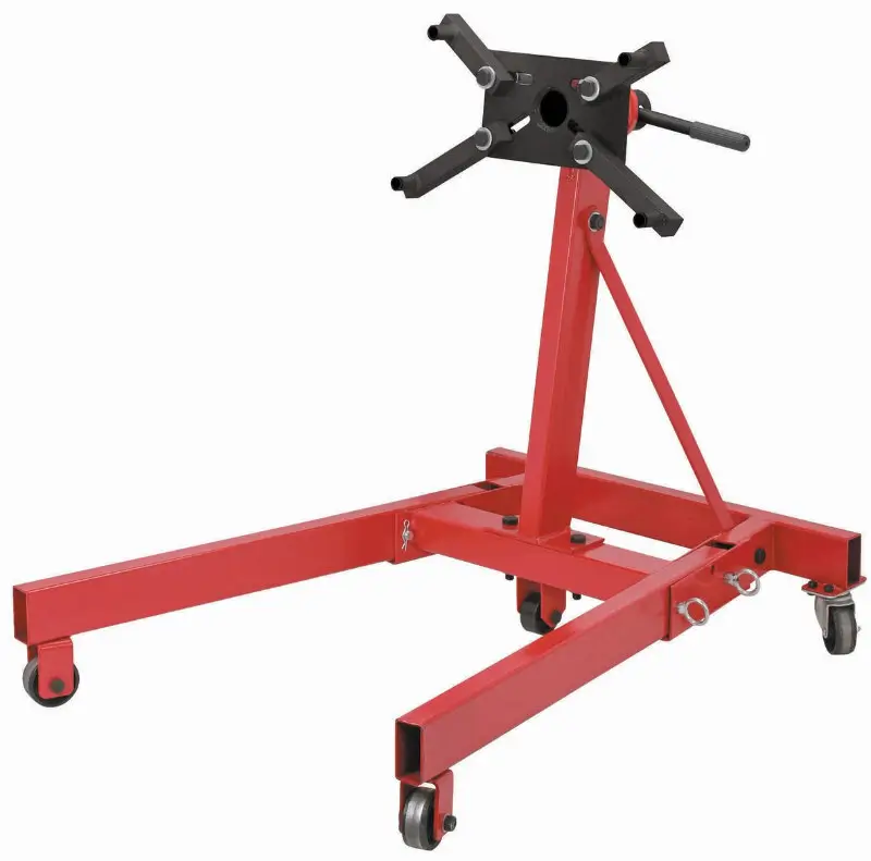 SP04502-EZYLIF-ENGINE-STAND SP04502 EZYLIF ENGINE STAND featuring red steel construction with adjustable mounting head and mobile caster wheels