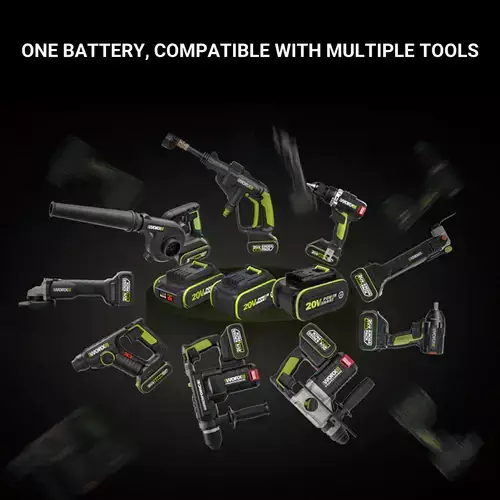 WA3023-WORX-20V-2.0AH-BATTERY-1 WA3023 WORX battery powering multiple tools including drills, grinders and saws in comprehensive tool collection