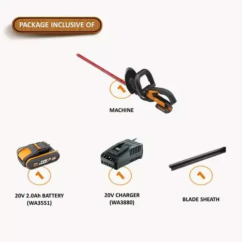 WG259E-WORX-CORDLESS-HEDGE-TRIMMER-20V-61CM-3 Hedge trimmer package contents including cordless machine, 20V battery, charger and blade sheath accessories