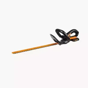 WG259E WORX cordless hedge trimmer 20V with 61cm cutting bar featuring black handles and orange blade
