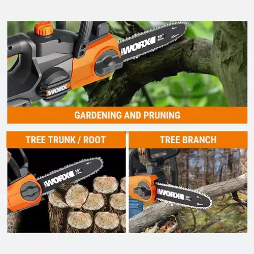 WG322E-WORX-CORDLESS-CHAIN-SAW-20V-25CM-1 WG322E WORX cordless chain saw 20V 25CM cutting tree trunks, roots, and branches, perfect for gardening and pruning tasks.