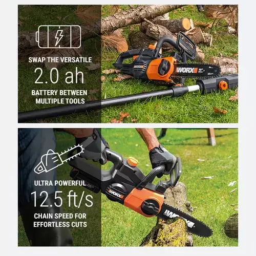WG322E-WORX-CORDLESS-CHAIN-SAW-20V-25CM-2 WG322E WORX cordless chain saw 20V 25CM with 2.0 Ah battery, high chain speed of 12.5 ft/s for smooth and effortless wood cutting.