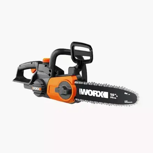 WG322E-WORX-CORDLESS-CHAIN-SAW-20V-25CM WG322E WORX CORDLESS CHAIN SAW 20V 25CM with orange and black design featuring cutting chain and ergonomic handle