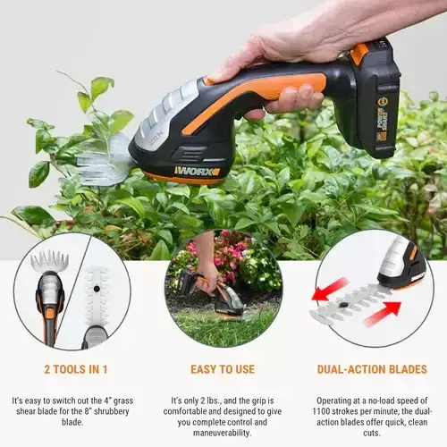 WG801E-WORX-CORDLESS-SHRUB-SHEAR-20V-3-BLADES-2 (1) WG801E WORX cordless shrub shear 20V demonstrating dual-action blades and 2-in-1 functionality features