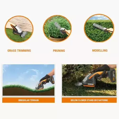 WG801E-WORX-CORDLESS-SHRUB-SHEAR-20V-3-BLADES-3 (1) Multiple gardening applications shown for cordless shrub shear including grass trimming, pruning and modelling