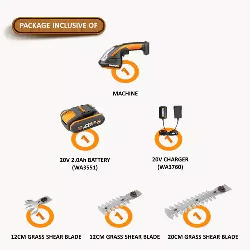 WG801E-WORX-CORDLESS-SHRUB-SHEAR-20V-3-BLADES-4 (1) WG801E WORX cordless shrub shear 20V complete package with 3 blades, 20V battery and charger included