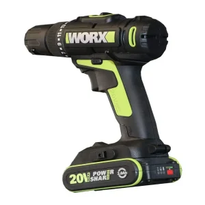 WU172 WORX CORDLESS DRILL 20V 10MM in black and green featuring battery pack design for professional work