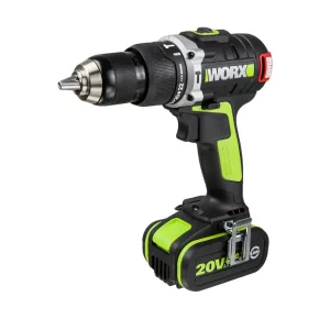 Black and green WU189.3 WORX CORDLESS IMPACT DRILL BL 13MM displaying cordless design with battery pack