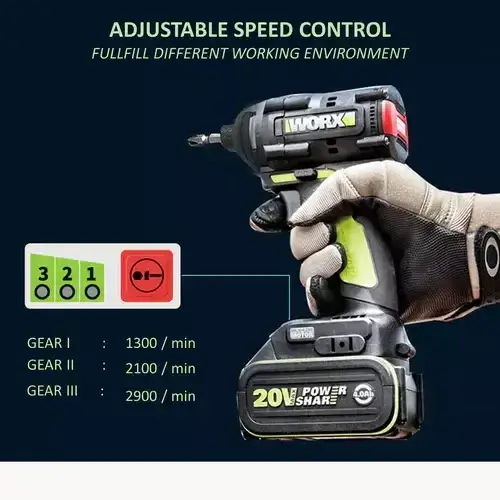 WU294.2-WORX-CORDLESS-IMPACT-DRIVER-20V-1-4-BL-1 WU294.2 WORX CORDLESS IMPACT DRIVER 20V 1/4" BL showing adjustable speed control with three gear settings