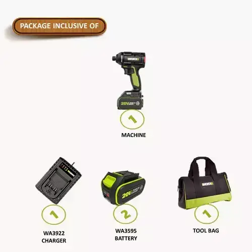 WU294.2-WORX-CORDLESS-IMPACT-DRIVER-20V-1-4-BL-3 WU294.2 WORX CORDLESS IMPACT DRIVER 20V 1/4" BL complete package with charger, battery, and tool bag included