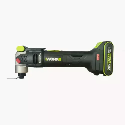 WU690.1-WORX-CORDLESS-UNIVERSAL-HYPERLOCK-OSCILLATING-MULTI-TOOL-BL-20V WU690.1 WORX CORDLESS UNIVERSAL HYPERLOCK OSCILLATING MULTI TOOL BL 20V with battery pack and green accents